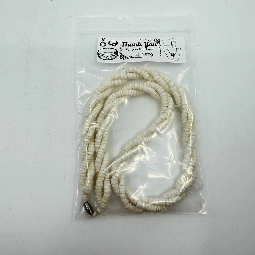 White Puka Shell Heishi Bead Necklace Triple Strand Twisted Boho Coastal Beach